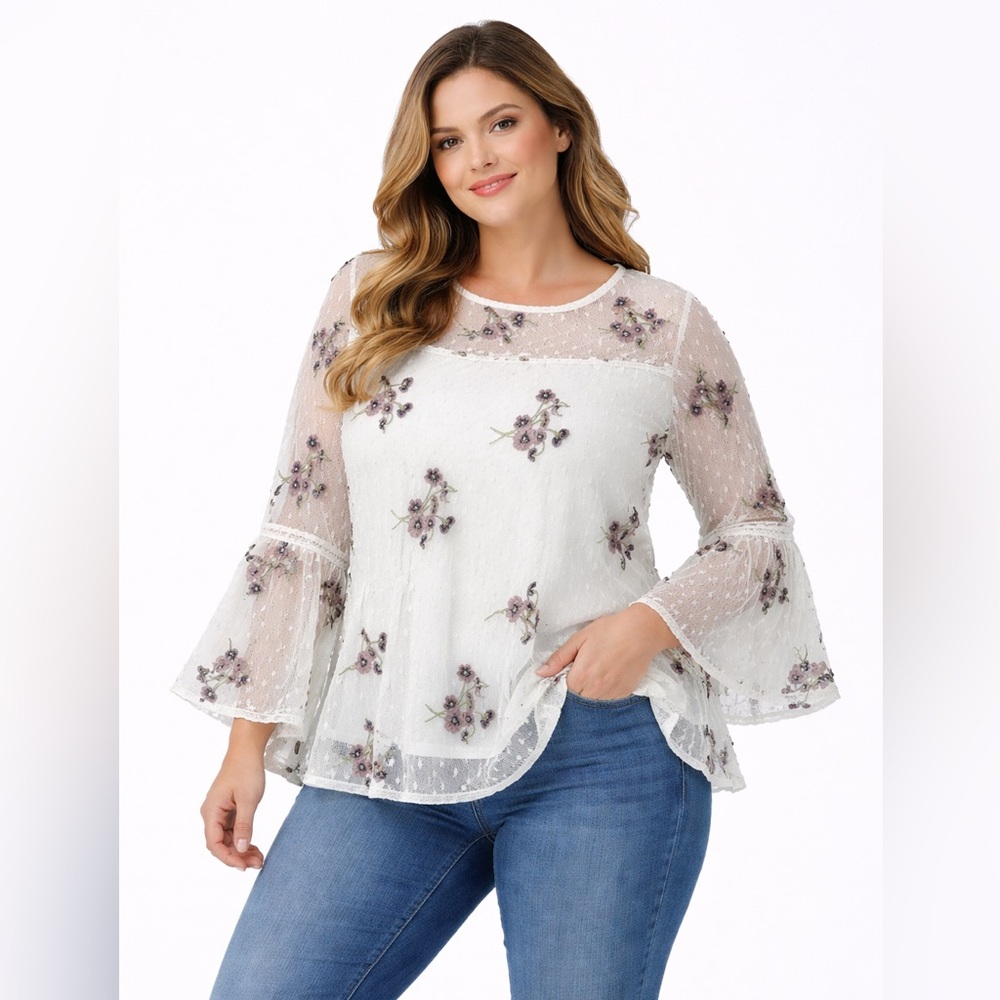 Fyve Women’s 3X Embroider  Lace Top Blouse  3/4 Bell Sleeve Spring Summer